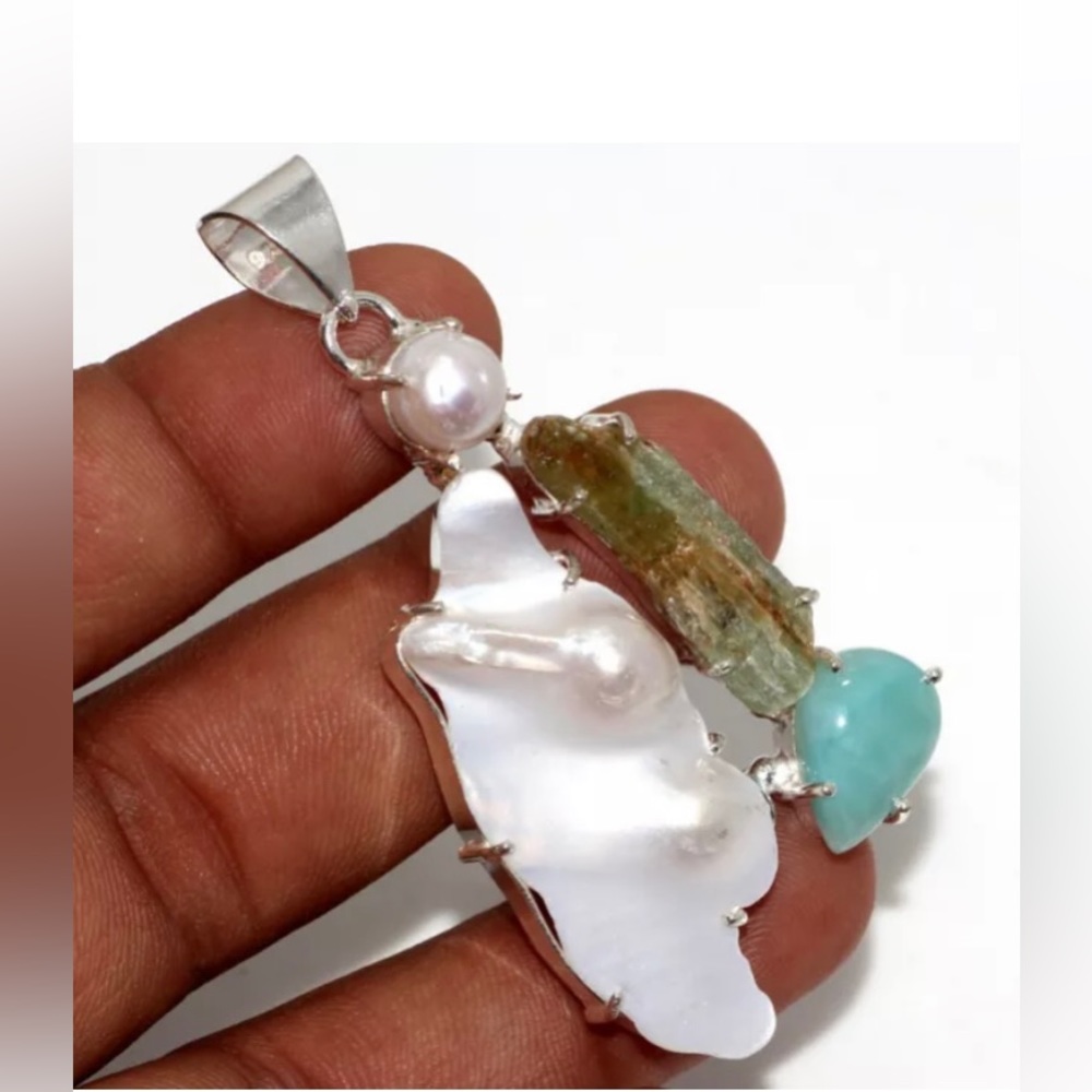 Handmade Biwa Pearl Larimar On 925 Sterling Silver Pendant 2”
